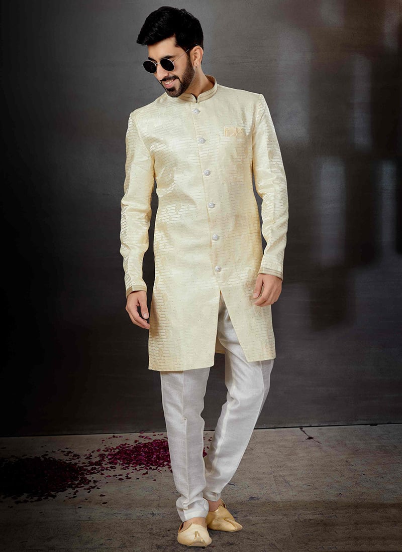 Cream Art Silk Indowestern Sherwani