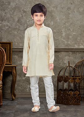 Cream Art Silk Kids Boys Kurta Pyjama