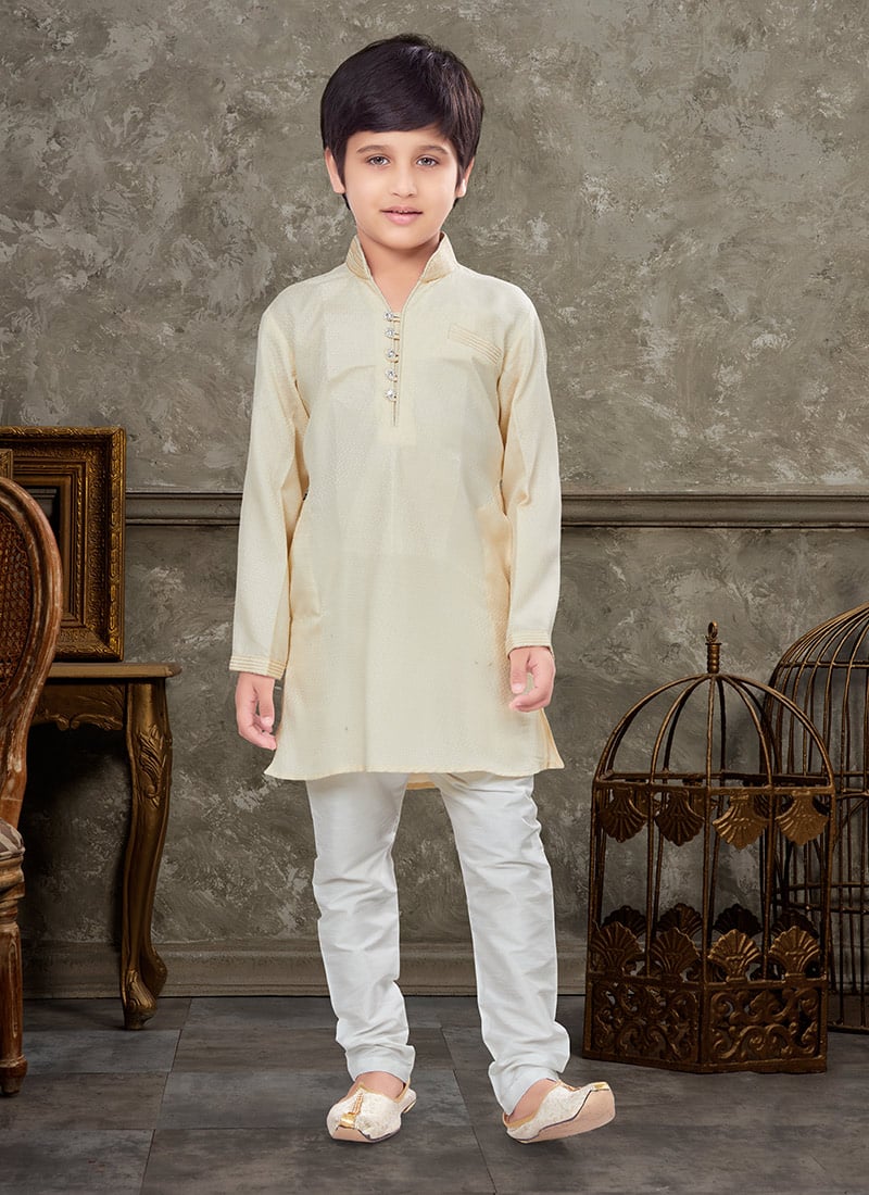 Cream Art Silk Kids Boys Kurta Pyjama Party Wear