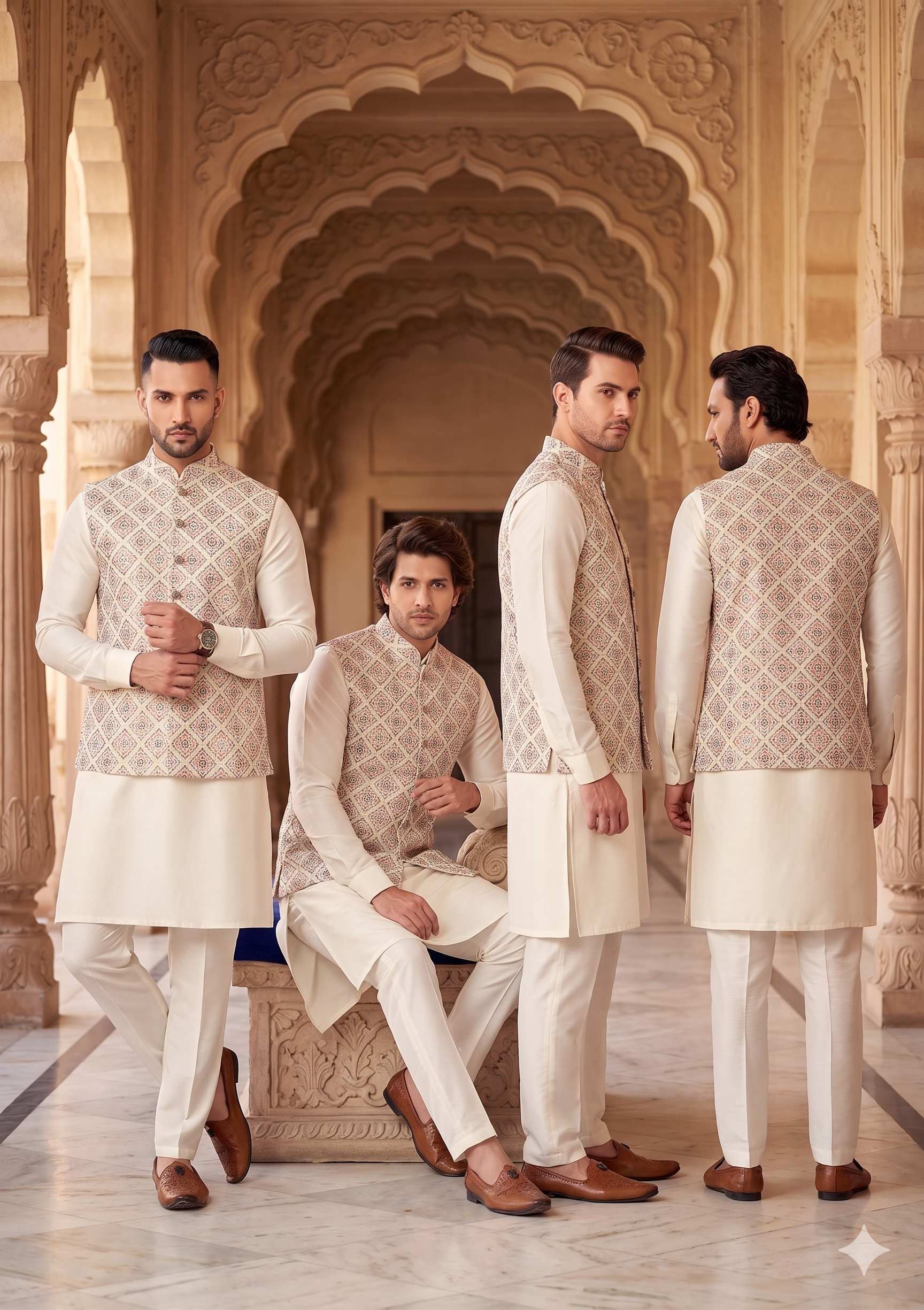 Cream Banarasi Silk Embroidered Sequins Thread Bandi Set Festive Wear