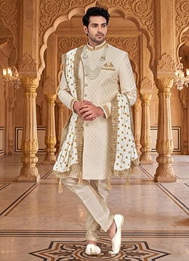 Cream Banarasi Silk Jacquard Indowestern Sherwani Wedding Wear