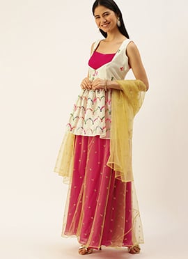 Cream Chinon Embroidered N Pink Palazzo Suit