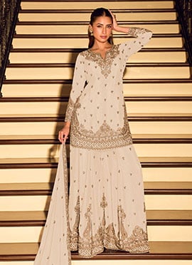 Cream Chinon Silk Embroidered Sequins Sharara Suit