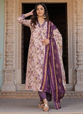 Cream Cotton Embroidered And Printed Palazzo Suit