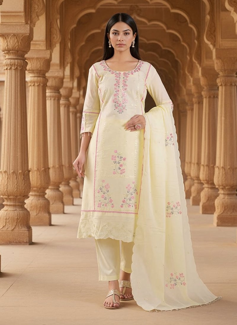 Cream Cotton Thread Embroidered Sequins Straight Pant Suit
