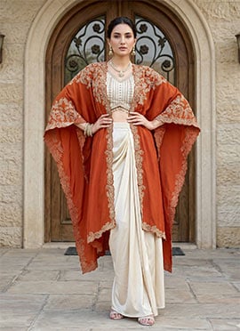 Cream Crepe Indo Western Skirt Set With Zari Sequins And Mirror Embroidery Cape