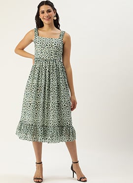 Cream Digital Printed Georgette Flared Dress