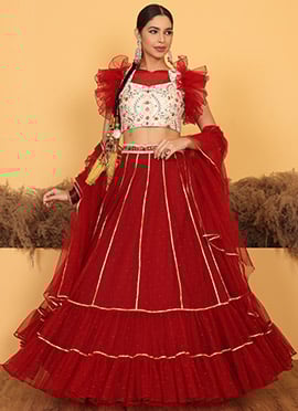 Cream Embroidered Art Silk Maroon Net Lehenga Set