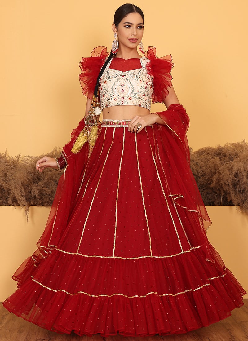 Cream Embroidered Art Silk Maroon Net Lehenga Set Festive Wear