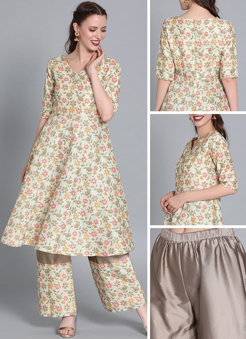 Cream Embroidered Kurta N Wide Leg Pant Festive Wear