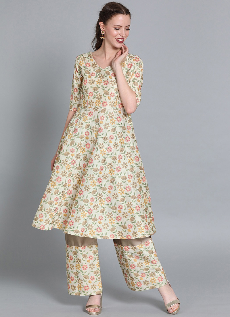 Cream Embroidered Kurta N Wide Leg Pant