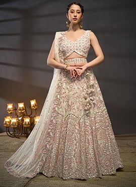 Cream Embroidered Net Umbrella Lehenga