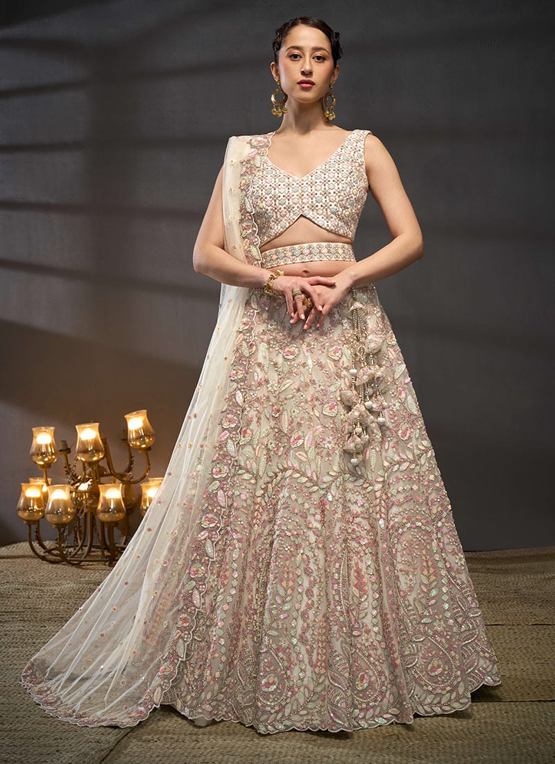 Cream Embroidered Net Umbrella Lehenga Wedding Wear