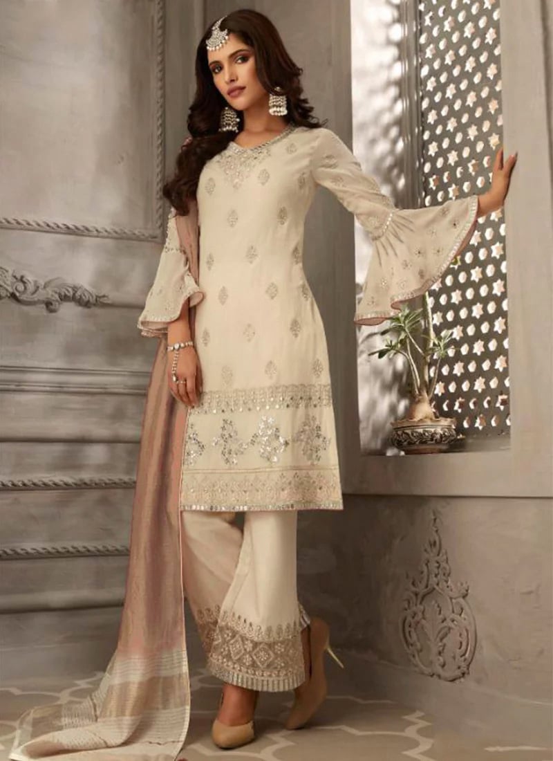 Cream Embroidered Palazzo Suit Party Wear