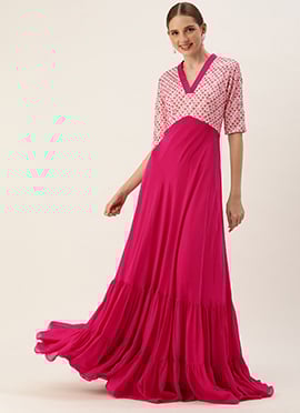 Teen Girls Off White Georgette Embroidered N Pink Gown