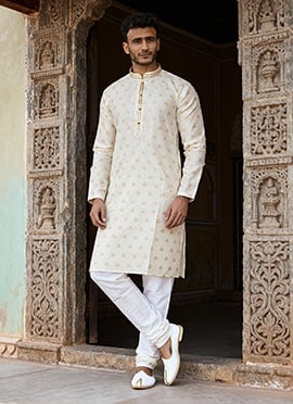 Cream Jacquard Banarasi Silk Zari Work Kurta Pyjama For Men