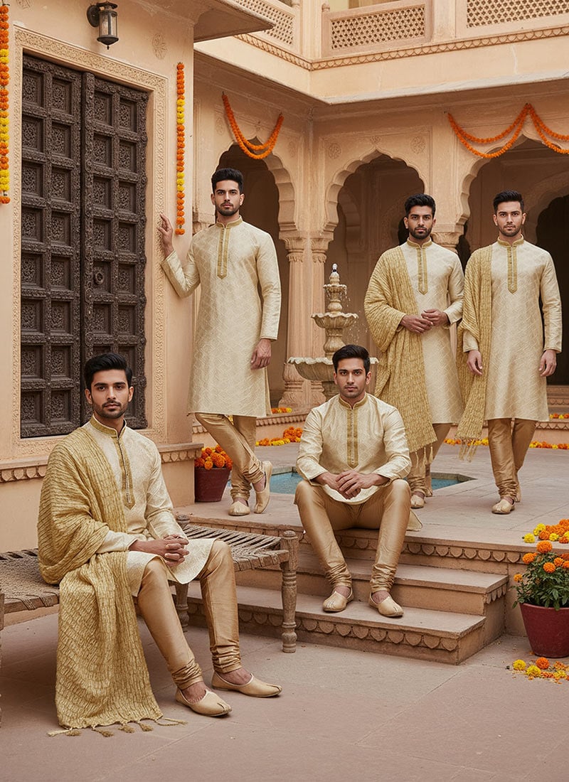 Cream Jacquard Silk Kurta Pyjama Party Wear