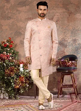 Cream Jacquard Silk Resham Work Indowestern Sherwani