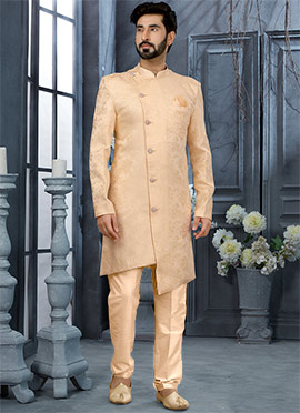 Cream Jacquard Silk Resham Work Indowestern Sherwani