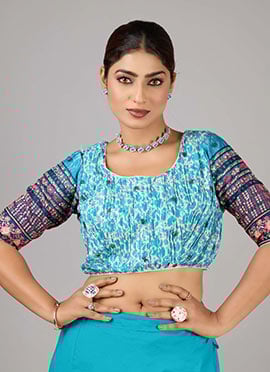 Cream N Blue Printed Chinon N Embroidered Blouse