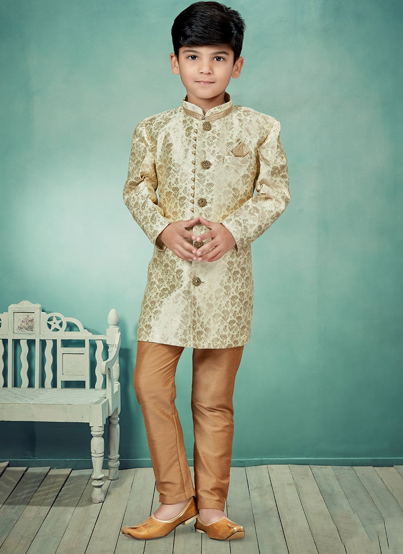Cream N Gold Banarasi Silk Jacquard Classic Sherwani Party Wear