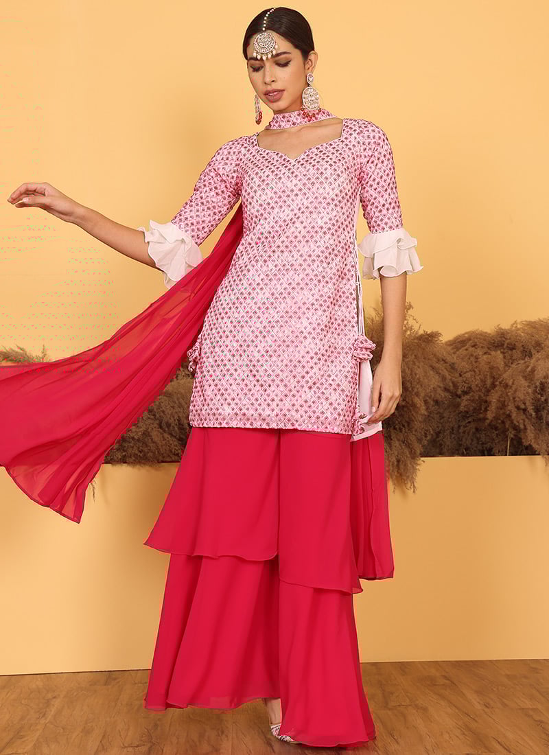 Off White N Hot Pink Embroidered Georgette Straight Suit Festive Wear