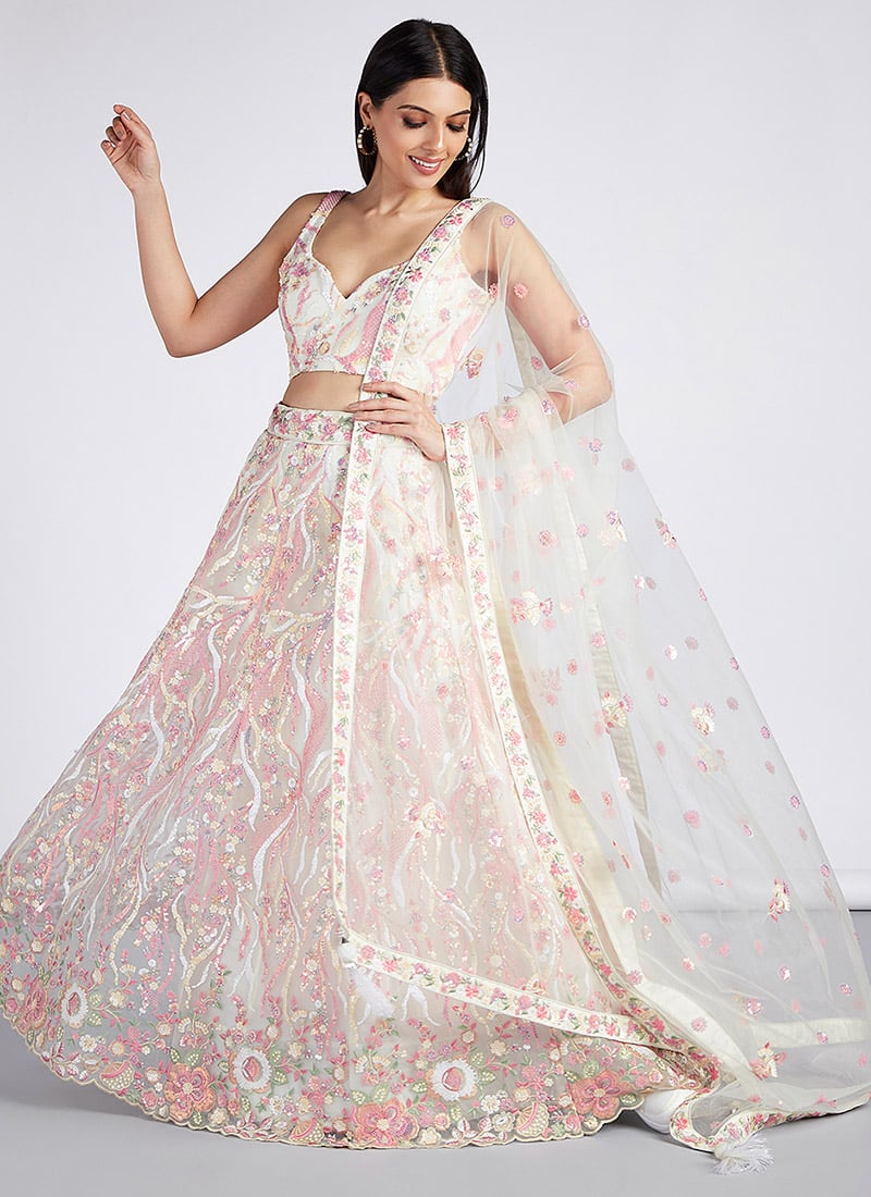 Cream Net Embroidered Umbrella Lehenga Wedding Wear