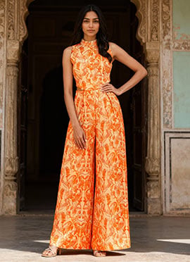 Cream Organza Digital Print Indowestern Jump Suit
