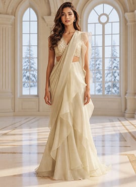 Cream Organza Sequins Hand Embroidered Lehenga Saree