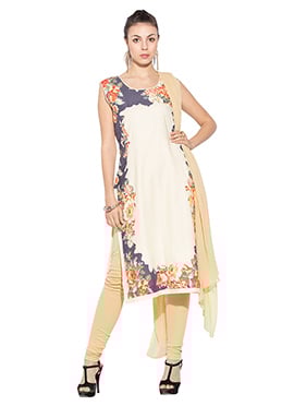 Cream Printed Cotton Churidar Suit