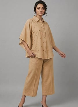 Cream Sand Gleam Rayon Cotton Co Ord Set