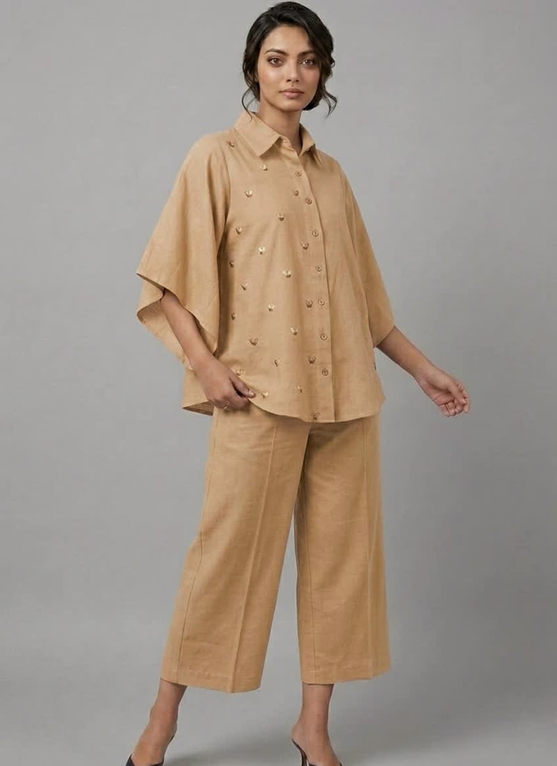 Cream Sand Gleam Rayon Cotton Co Ord Set After Six Wear