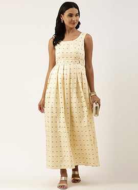 Cream Satin Box Pleated Maxi Dress