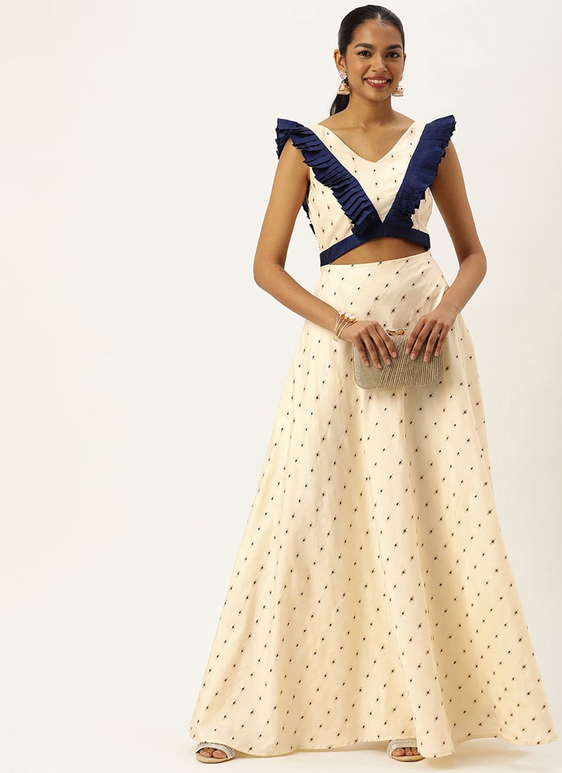 Cream Satin Jacquard Ruffled Dress Festive Wear