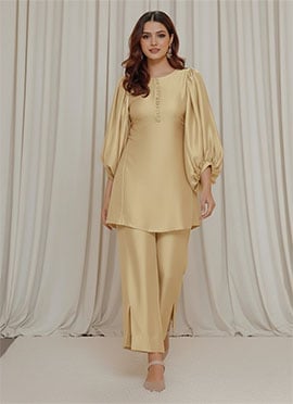 Cream Satin Silk IndoWestern Co Ord Set With Balloon Sleeve