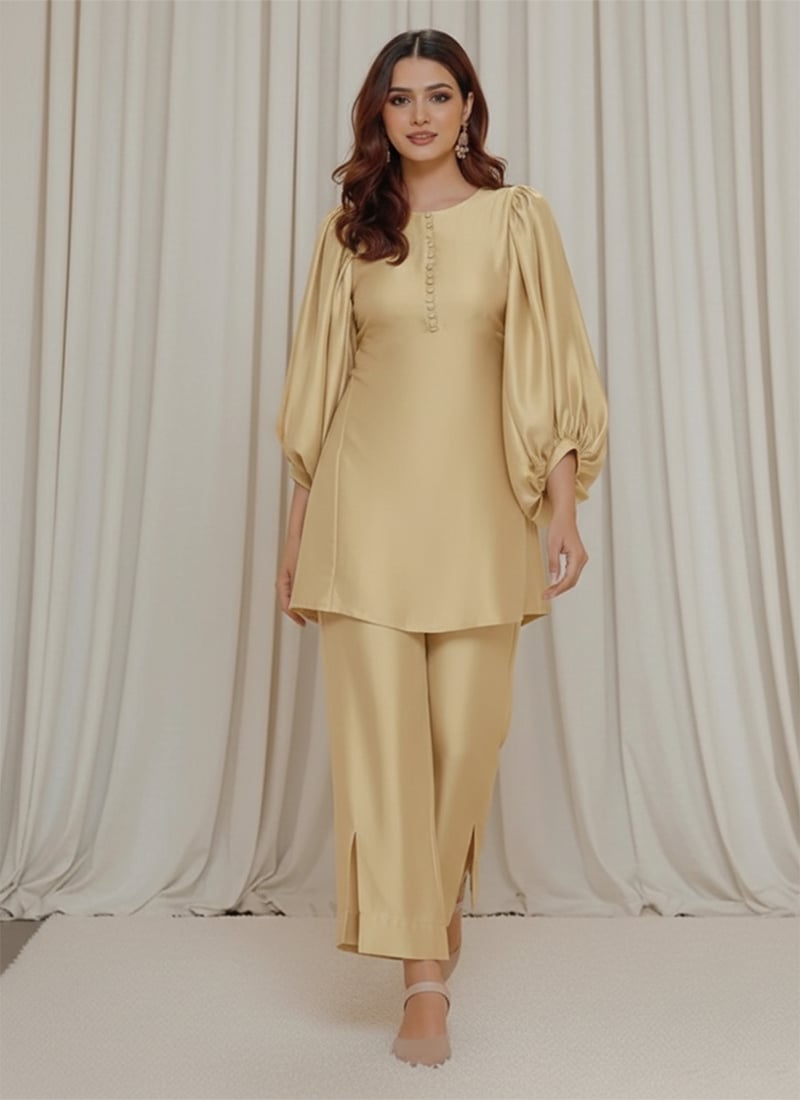 Cream Satin Silk IndoWestern Co Ord Set With Balloon Sleeve After Six Wear