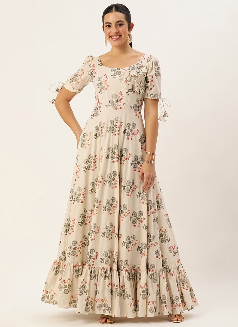 Cream Silk Cotton Applique Design Gown After Six Wear
