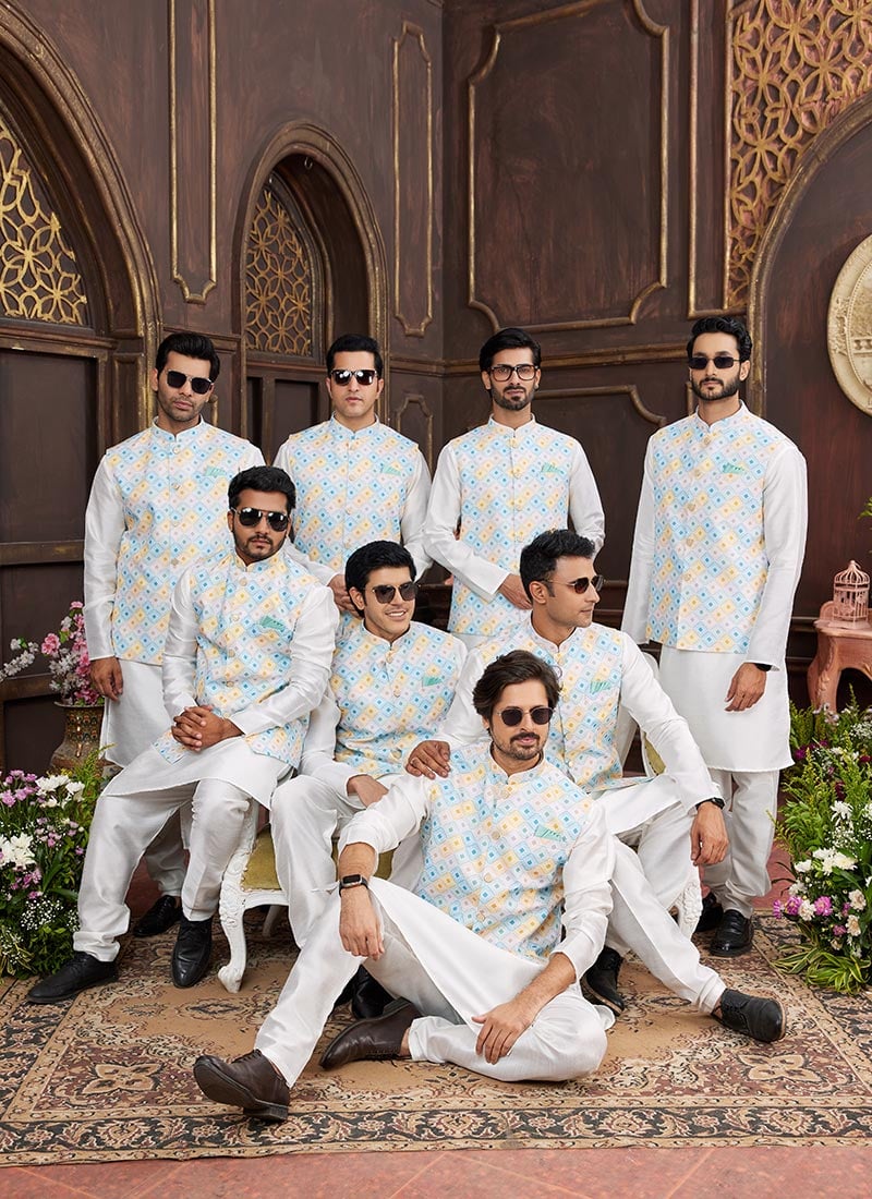 Cream Silk Digital Print Bandi Set Festive Wear