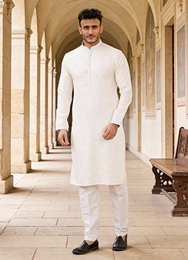 Cream Silk Embroidered Sequins Kurta Pyjama For Men