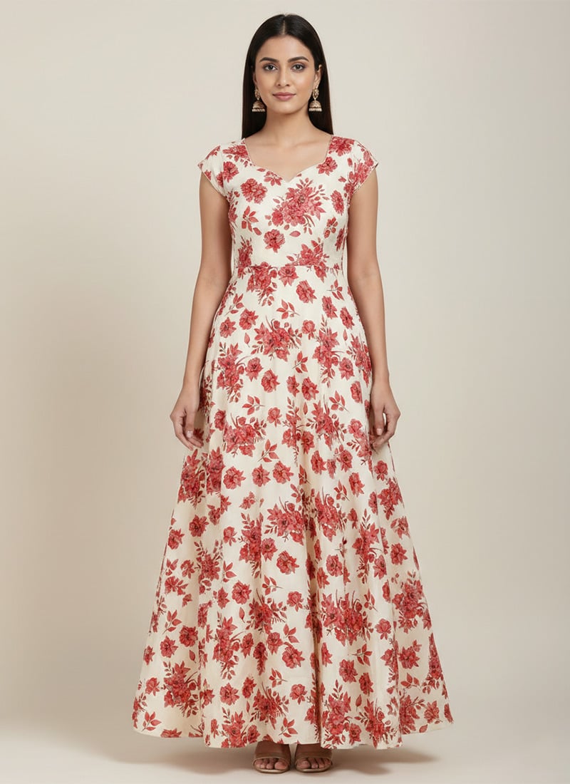 Cream Silk Floral Maxi Dress After Six Wear