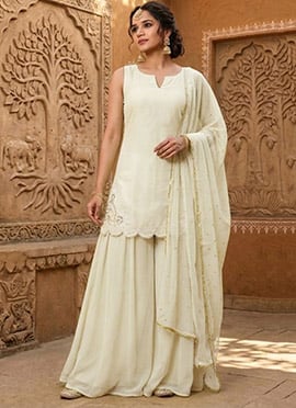 Cream Silk Stone Work Sharara Suit