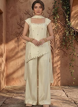 Cream Silk Zari Hand Embroidered Mirror Work Palazzo Suit