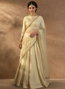 Cream Silk Zari Sequins Embroidered Lehenga