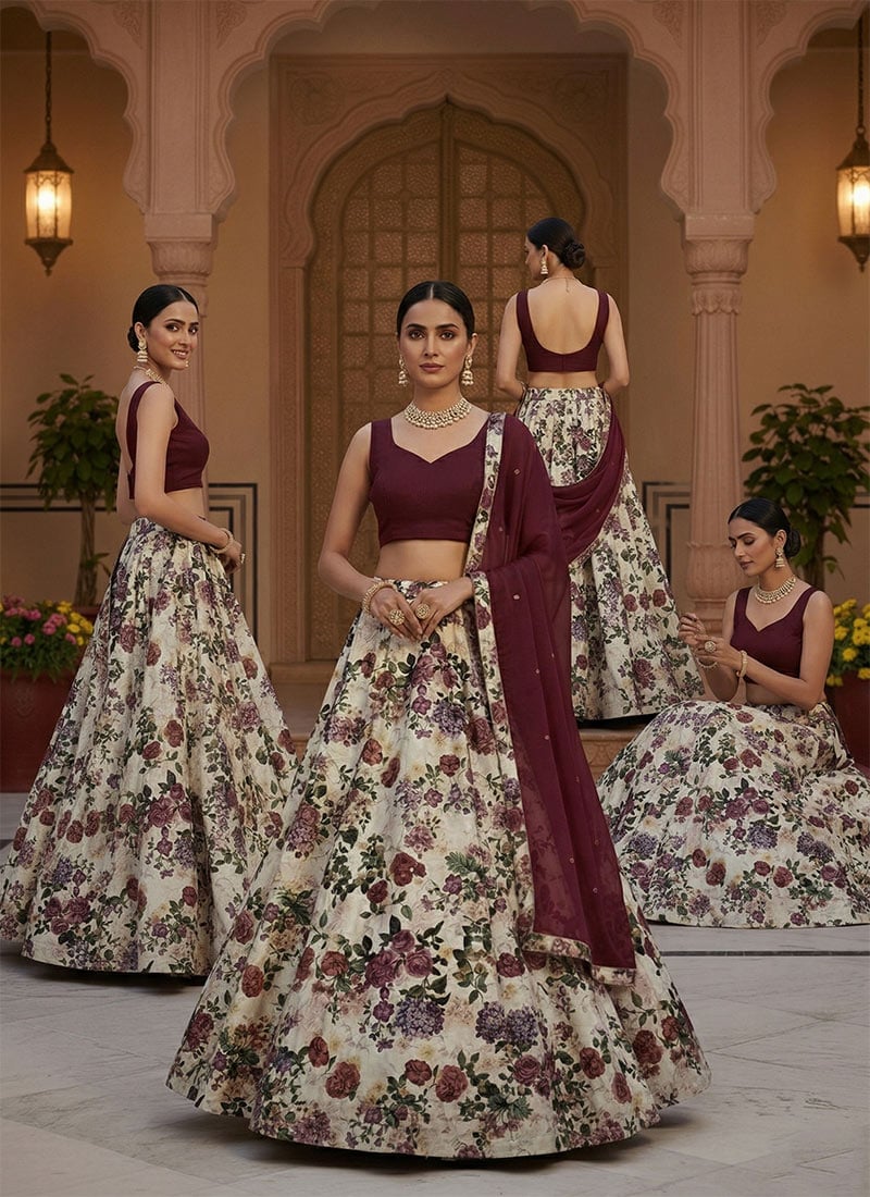 Cream Taffeta Floral Printed Lehenga Set Festive Wear