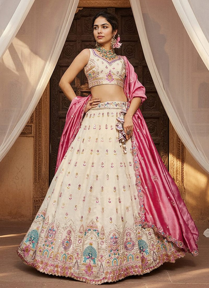 Cream Tissue Embroidered Sequins Lehenga