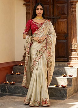 Cream Viscose Jacquard Silk Zari And Sequins Embroidered Saree