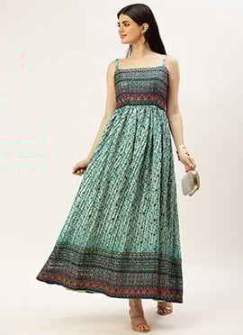 Teen Girls Cream and Blue Printed Embroidered Gown