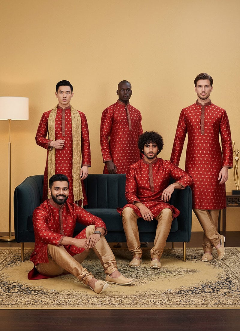 Crimson Red Art Silk Kurta Pyjama