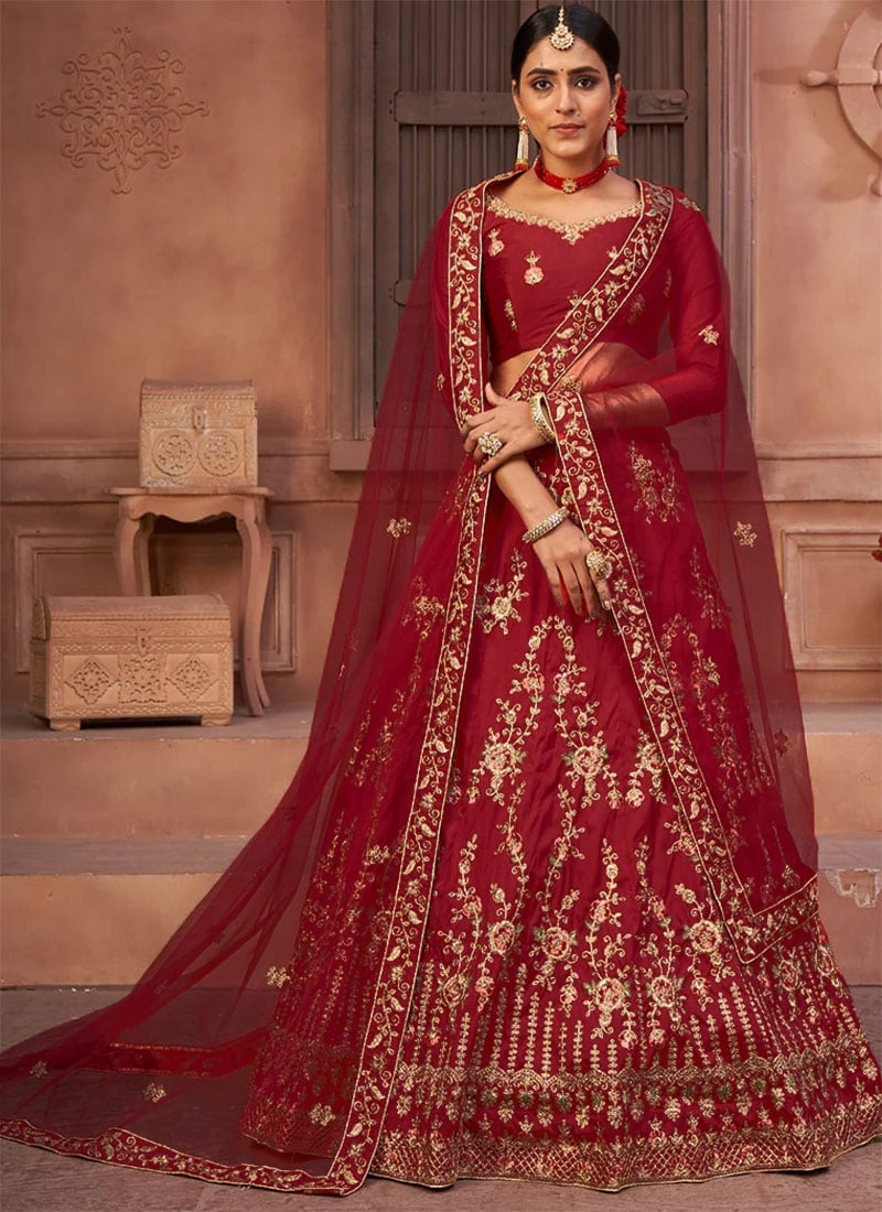 Crimson Red Net Embroidered N Stones Umbrella Lehenga Party Wear