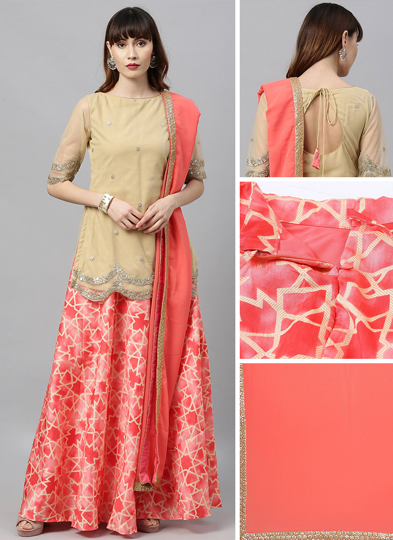 Beige Embroidered Long Choli Lehenga Festive Wear